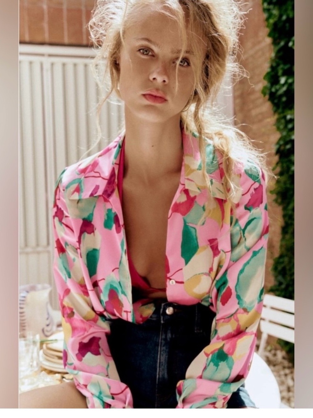 Zara Pink Multicolor Abstract Floral Button-Down Shirt